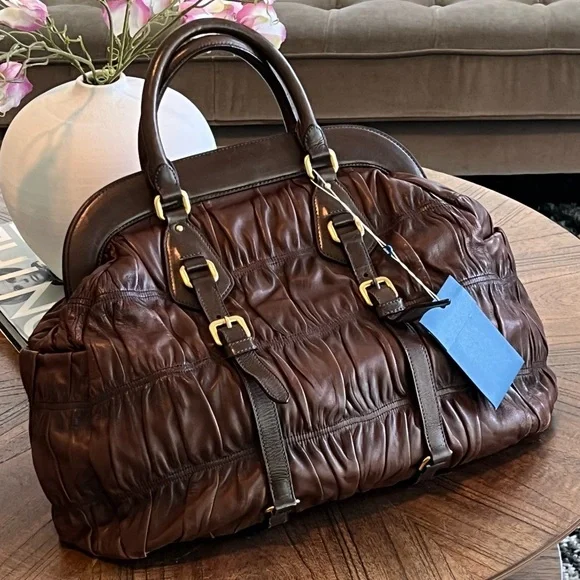 PRADA Nappa Gaufre Ruched Frame Large Bag Brown Soft Leather Tote Purse - Picture 11 of 16
